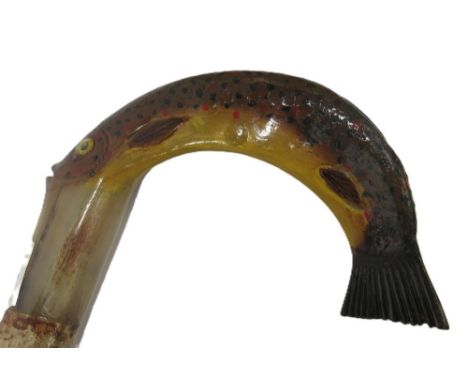 Craftsman made stick, horn handle shaped and painted as a Rainbow Trout, L128cm