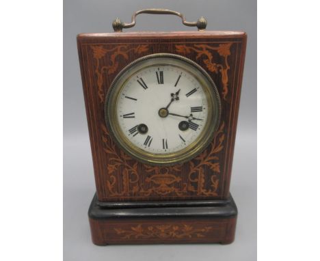 Henry Marc, Paris, 19th Century French rosewood clock, cast brass carrying handle, inlaid case with ebonised moulding, 3" whi