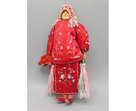 Chinese 'Door of Hope' bride doll c1930s, carved pearwood with hand-embroidered red silk costume, H27.5cm - The Door of Hope 