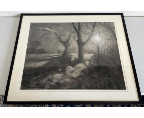 John Creighton (British Contemporary); 'The Call of the Land series 2017' Fields Looking West 'Evening of Light' charcoal on 