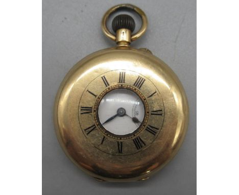 Swiss 14ct gold half hunter keyless wound pin set pocket watch, white enamel Roman dial, subsidiary seconds, hinged case back