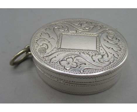 George III silver oval shaped vinaigrette with engraved foliate decoration, vacant cartouche, gilt interior with a pierced gr