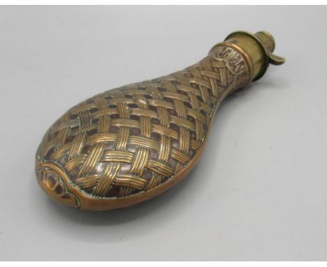 James Dixon &amp; Sons Sheffield Victorian powder flask, copper basket weave effect body with brass top, L22cm