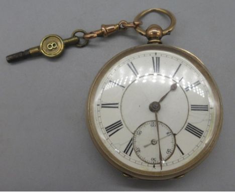 Waltham Mass, 10ct gold key wound and set pocket watch, stepped white enamel Roman dial, subsidiary seconds, A.B. coin edged 