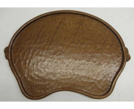 Robert Mouseman Thompson of Kilburn - an adzed oak kidney shaped galleried tray, with two signature carved mice handles, W47c