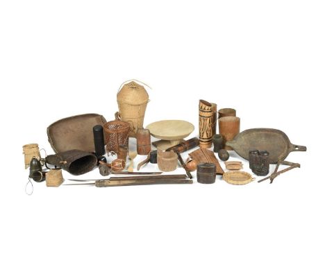 A Naga food dishNagalandon twin supports and a rectangular base,23.5cm diameter,three bamboo vessels, a ladle, two spoons, a 