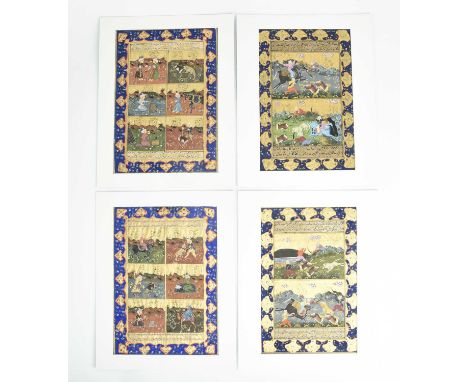 Twenty-two Indo Persian picturesgouache and gilt on paper, with panels of text above and below, depicting hunting scenes, eig