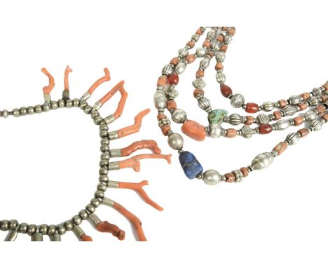 λA stick coral necklacewith silver coloured metal beads,42.5cm long,and a silver coloured metal, coral and carnelian necklace