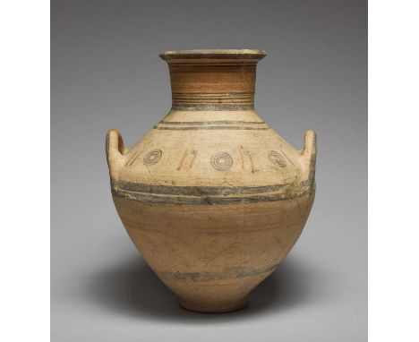 A Cypriot bichrome ware amphoracirca 750 - 475 BCpottery, with a piriform body having a pair of upturned handles and a slighl