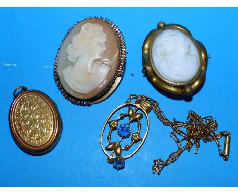 An Edwardian style pendant set 2 blue stones on chain, chain stamped '9ct', pendant unmarked but testa as 9 carat, gross weig