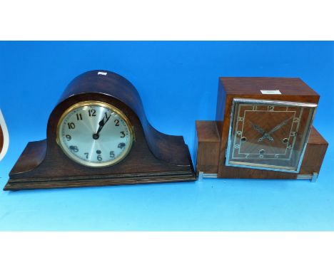 An Art Deco chiming mantel clock with chrome fittings; a 1930's Napoleon hat chiming mantel clock