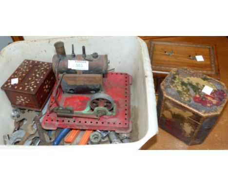 A Sorrento ware jewellery box; 2 other boxes; a Mamod stationary engine; vintage tools; etc.