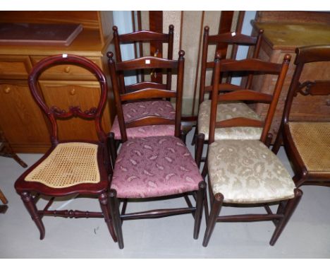 A Regency period dining chair; a Victorian balloon back bedroom chair; 4 ladder back bedroom chairs
