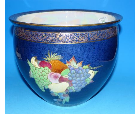 A 1930's Carltonware jardiniere powder blue lustre ground with gilt and fruit decoration