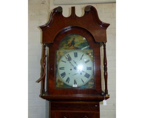 A 19th century inlaid mahogany longcase clock with swan neck pediment, turned side columns to the hood, short to the trunk, a