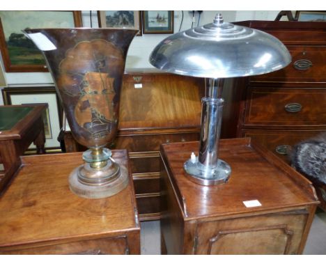 An Art Deco period chinoiserie lacquered metal table lamp (sold as a collectors item only); a similar period chromed metal 'm