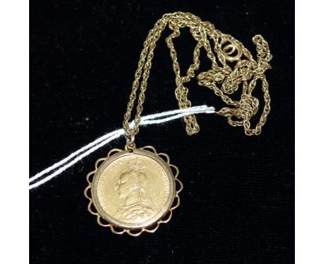 A pendant set with an 1890 sovereign in clip mount, stamped '9CT', on chain stamped '9CT', gross weight 13.9 gm