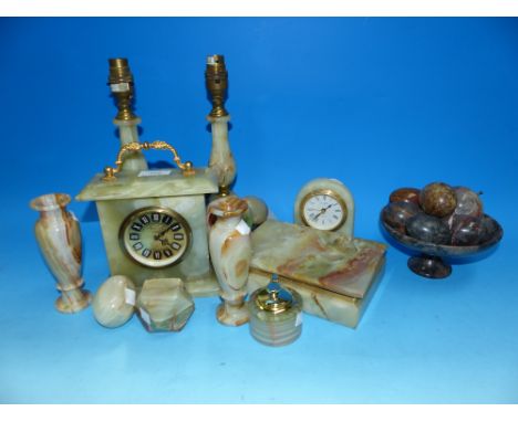 An onyx mantel clock; other onyx ware; etc.