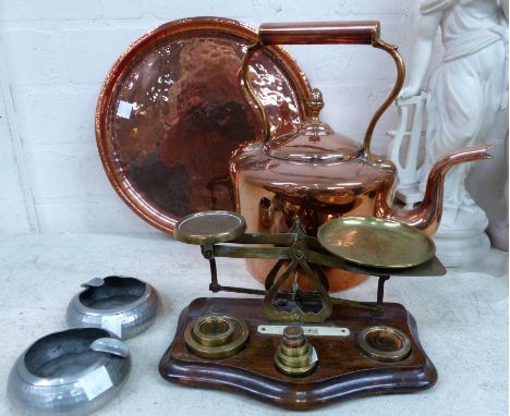 A set of 19th century postage scales and weights; a reproduction lantern clock; a copper kettle; etc.