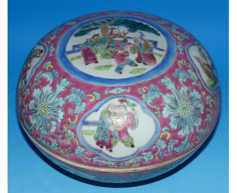 A Chinese porcelain Canton style enamelled cushion shaped jar and cover, diameter 10"