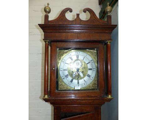 An 18th century crossbanded oak longcase clock, the hood with 3 gilt finials, swan neck pediment an turned side columns, full