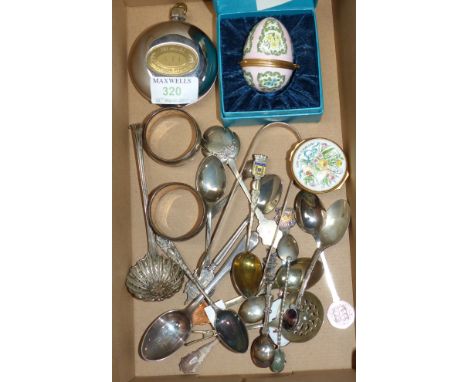 Two silver napkin rings; silver spoons; silver plated spoons; a Halcyon Days egg shaped box; and another; a Dalvey Voyager Cl