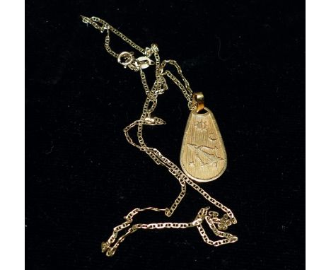 A Middle Eastern bow and arrow pendant, stamped '750', on chain stamped '9KT', pendant 3.6 gm, chain 1.6 gm