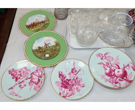 A pair of Victorian dessert plates and matching comport with vines in puce; a pair of Spode plates with hunting scenes; a pai