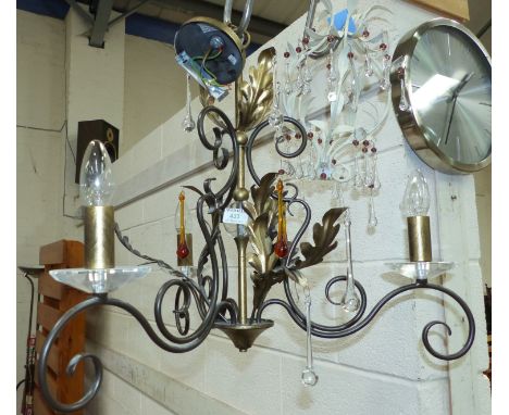 A scrolled and wrought gilt metal and glass 3 branch centre light by Valsan; a smaller light fitting in cream finish with col