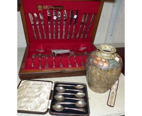 A set of 6 silver teaspoons; a pearl set stock pin; a Cranston pottery vase; a selection of Arthur Price EPNS cutlery