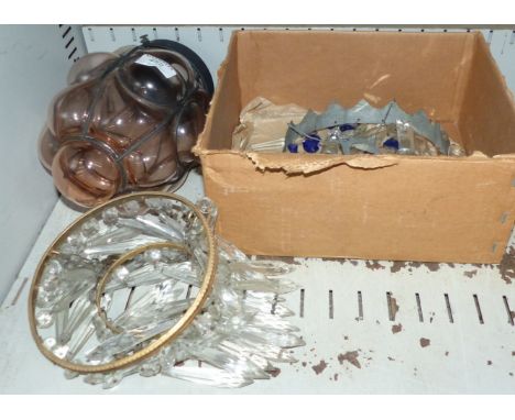 Two chandelier style light fittings; a lantern shade