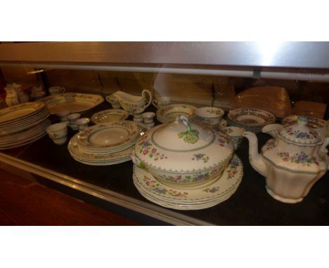 A Spode 'Royal Jasmine' part dinner service, including sauce boats, egg cups, serving dish tea pot, jugs sugar bowl, cups and