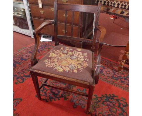 A 19th century tapestry seat, carved chair.  H- 86cm, W-56cm, D-45cm