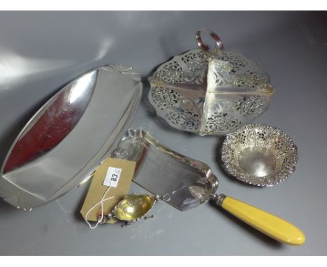 A hallmarked sterling sliver bonbon dish, together with a continental sliver salt of ornate from, and Art Deco silver plated 