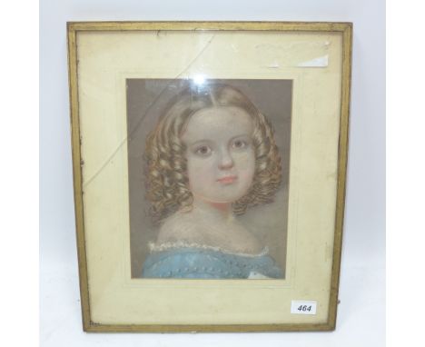 20th century pastel portrait of young girl wearing blue dress with white lace lining, H.29.5cm, W.23cm