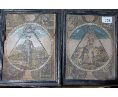 A pair of 18th Century engravings titled 'Keep within Compass' for industry produceth Esteem (a/f), 26cm x 20cm 