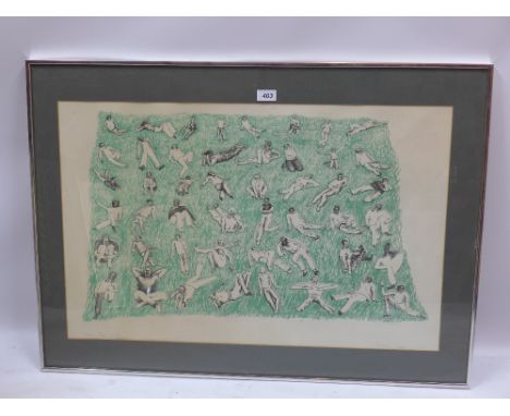 An artist proof lithograph depicting figures laying on grass. Signed lower right.67x92cm 