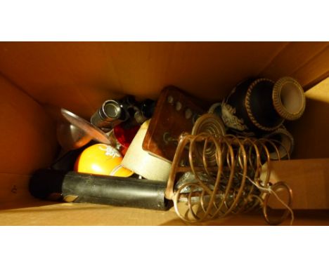 A collection of miscellaneous items to include scales, pair of porcelain vases, binoculars etc