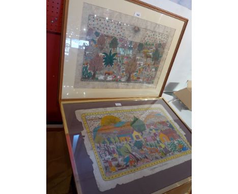 A pen and watercolour on bark paper depicting a festive scene signed by Felix Jimenez together with one other. 