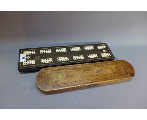 A 19th Century ebonised and ivory cribbage board L-41cm, W-10cm together with another cribbage board. 