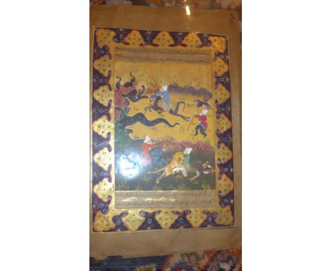 A framed Indian painting depicting Hindu's with sacred cow and trees to the background, together with two painted Islamic man