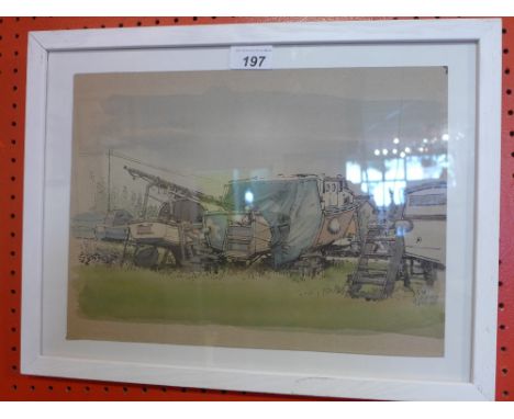 A John Mcclusky pen and ink of a boat yard Warbers Wick, signed and dated 1978. 34x26cm