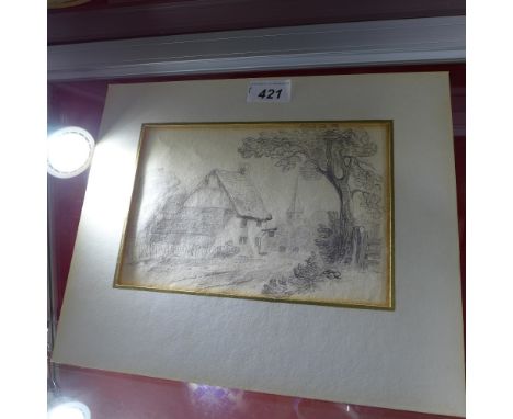 A fine British old master graphite drawing of a cottage and church to the background, circa 1800 - 1820 possibly Suffolk, no 