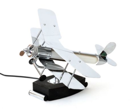 Unknown - An Art Deco style chromium plated novelty desk or table lamp in the form of a bi-plane, length 45cm.