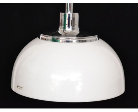 Harvey Guzzini for Meblo - A 1970s white acrylic spherical rise and fall pendant lamp with chrome fittings and extendable pen