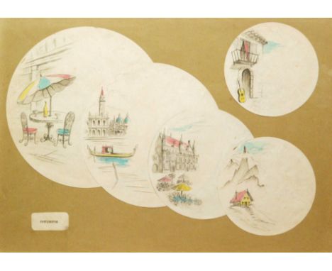 Robert Ellis Williams for J & G Meakin - Five assorted 1950s framed sketchbook pages each with hand drawn and coloured design