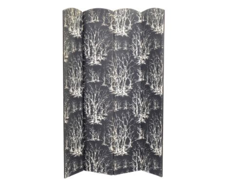Unknown - A four panel arched top partition screen, covered in a stylised woodland scenic fabric, height 166cm.