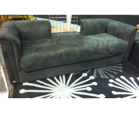 Unknown - A black suede effect love seat or sofa, with loose cushions, together with a pair of matching square shaped stools,