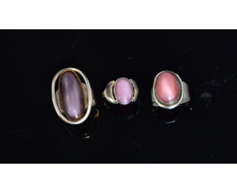 Carl Ove Frydensberg -  Three 1990s Danish Sterling silver rings, each with collar set oval cabochon chalcedony to plain tape