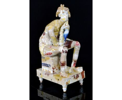 Philip Eglin - Seated Nude, a contemporary sculpture modelled as a seated female figure decorated with a patch work effect wi